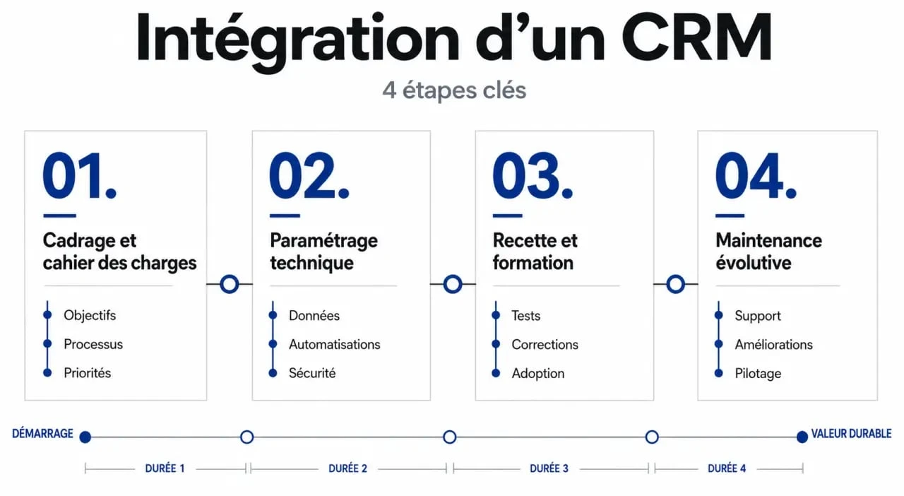 Infographie des étapes clés de l'intégration CRM par un intégrateur crm expert
