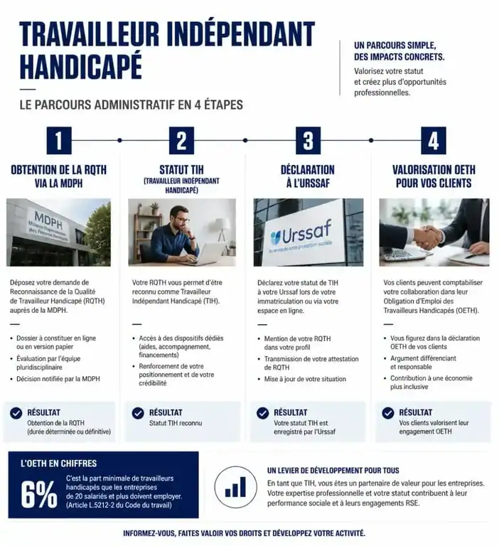 Schéma du parcours administratif du travailleur indépendant handicapé et lien avec l'Urssaf et l'OETH