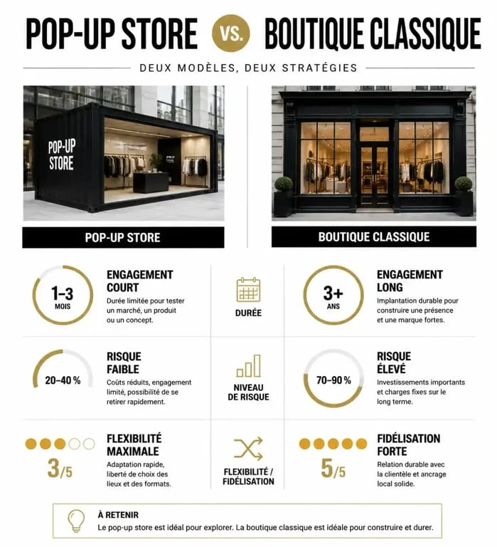 Infographie comparative entre un pop-up store et une boutique classique pour le retail