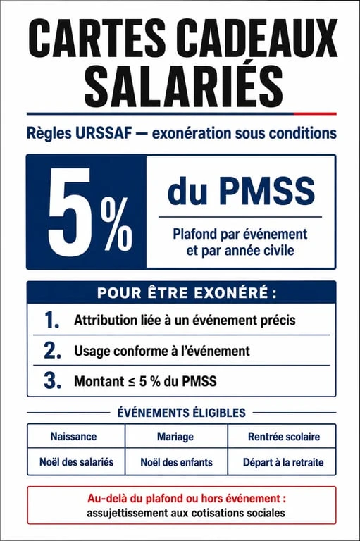 Infographie récapitulative des règles URSSAF et plafonds pour les cartes cadeaux salariés