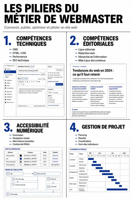 Infographie des compétences clés pour un emploi webmaster : technique, SEO, rédaction et accessibilité