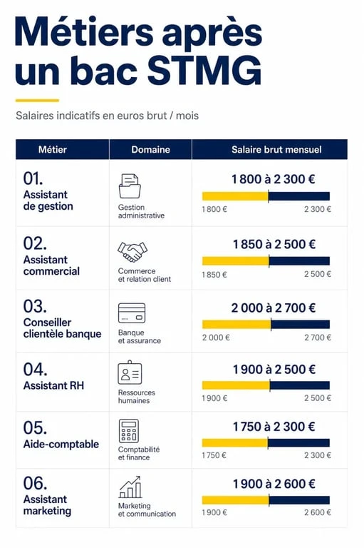 STMG métier salaire : métiers accessibles après le bac STMG et fourchettes de rémunération