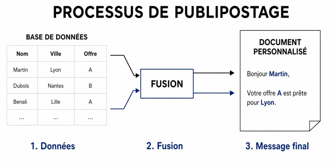 Schéma explicatif du fonctionnement du publipostage : fusion entre une base de données et un document type.