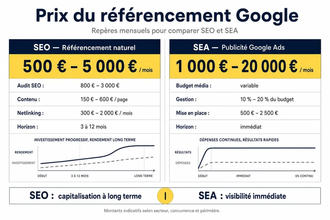 Prix référencement google : comparaison visuelle des budgets SEO et SEA