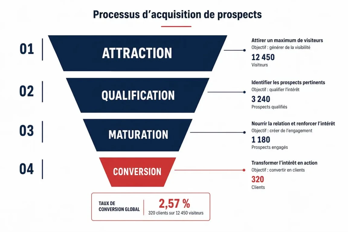 Schéma du processus de lead acquisition marketing : de l'attraction à la conversion