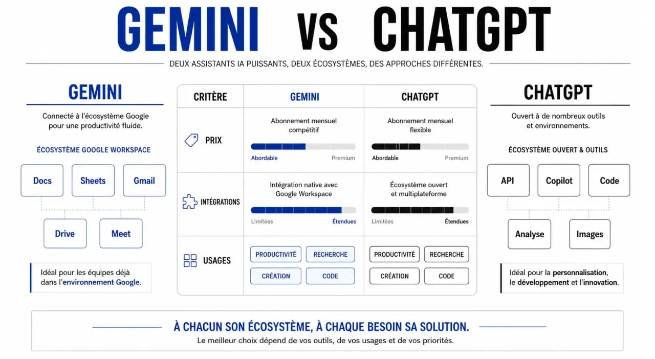Gemini vs ChatGPT comparatif visuel des fonctionnalités, prix et intégrations