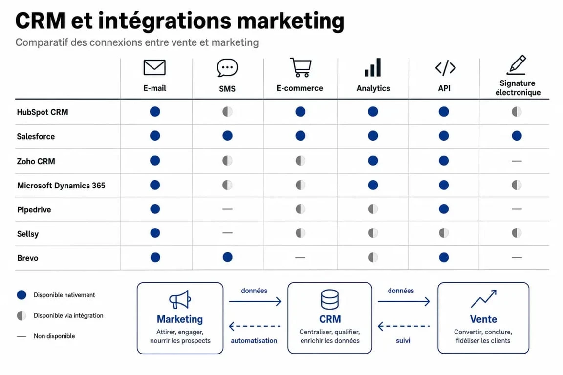 Comparatif des meilleurs crm intégration outils marketing avec les principales connexions e-mail, SMS, e-commerce et API