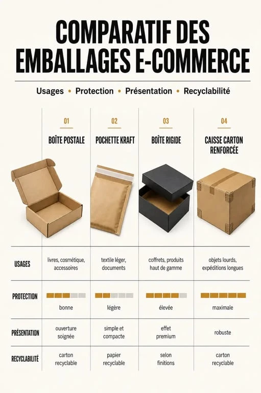Comparatif emballage e commerce des principaux formats selon protection, usage et recyclabilité