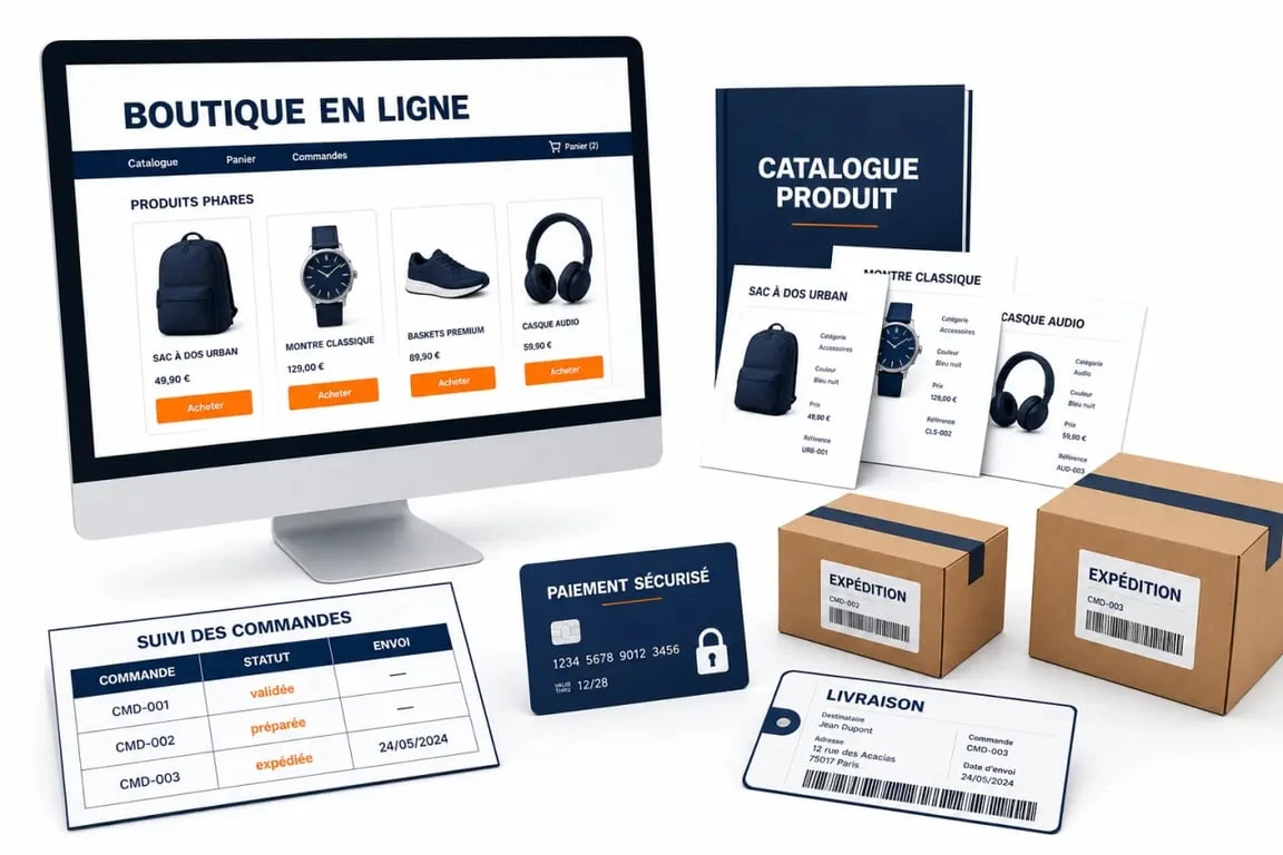 Créer un site e commerce : illustration du lancement d'une boutique en ligne avec catalogue, paiement et livraison