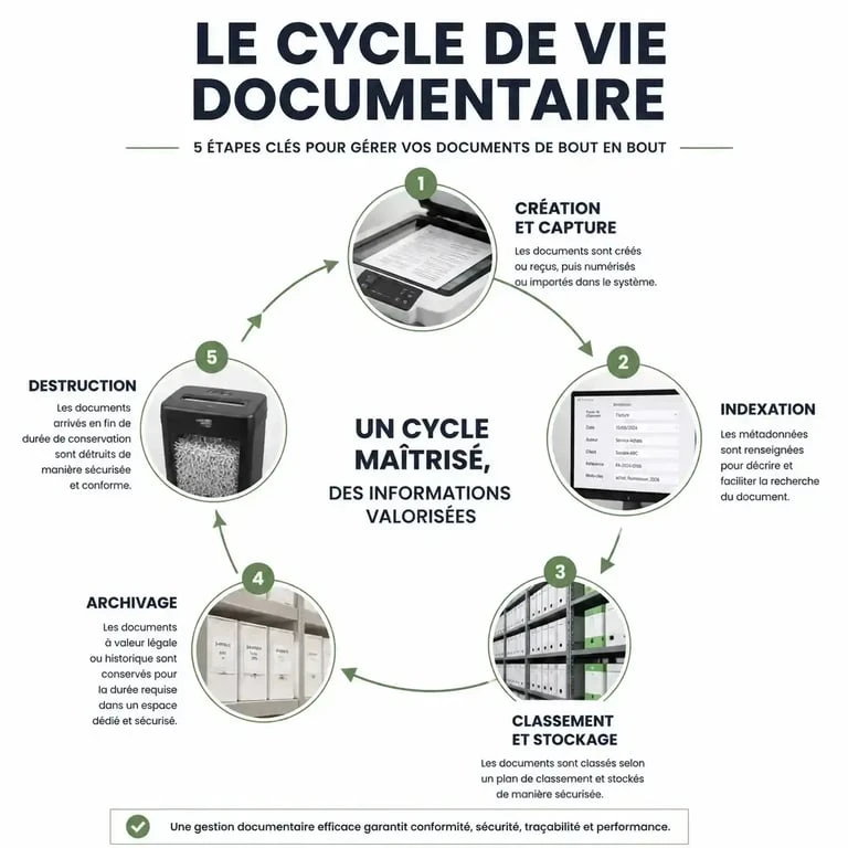 Schéma du cycle de vie documentaire pour la gestion des documents dans une entreprise