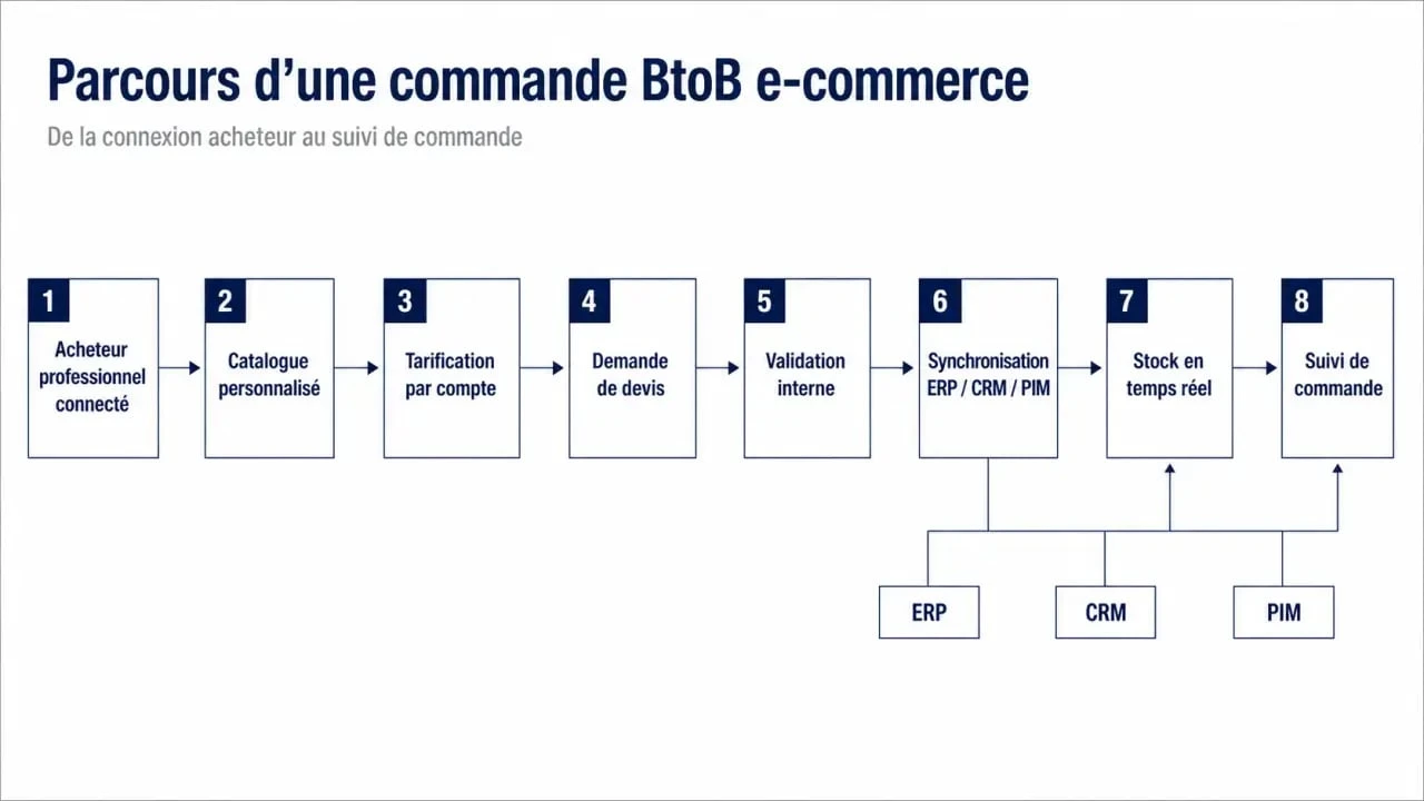 Schéma du parcours de commande en btob e commerce avec ERP, CRM et validation interne