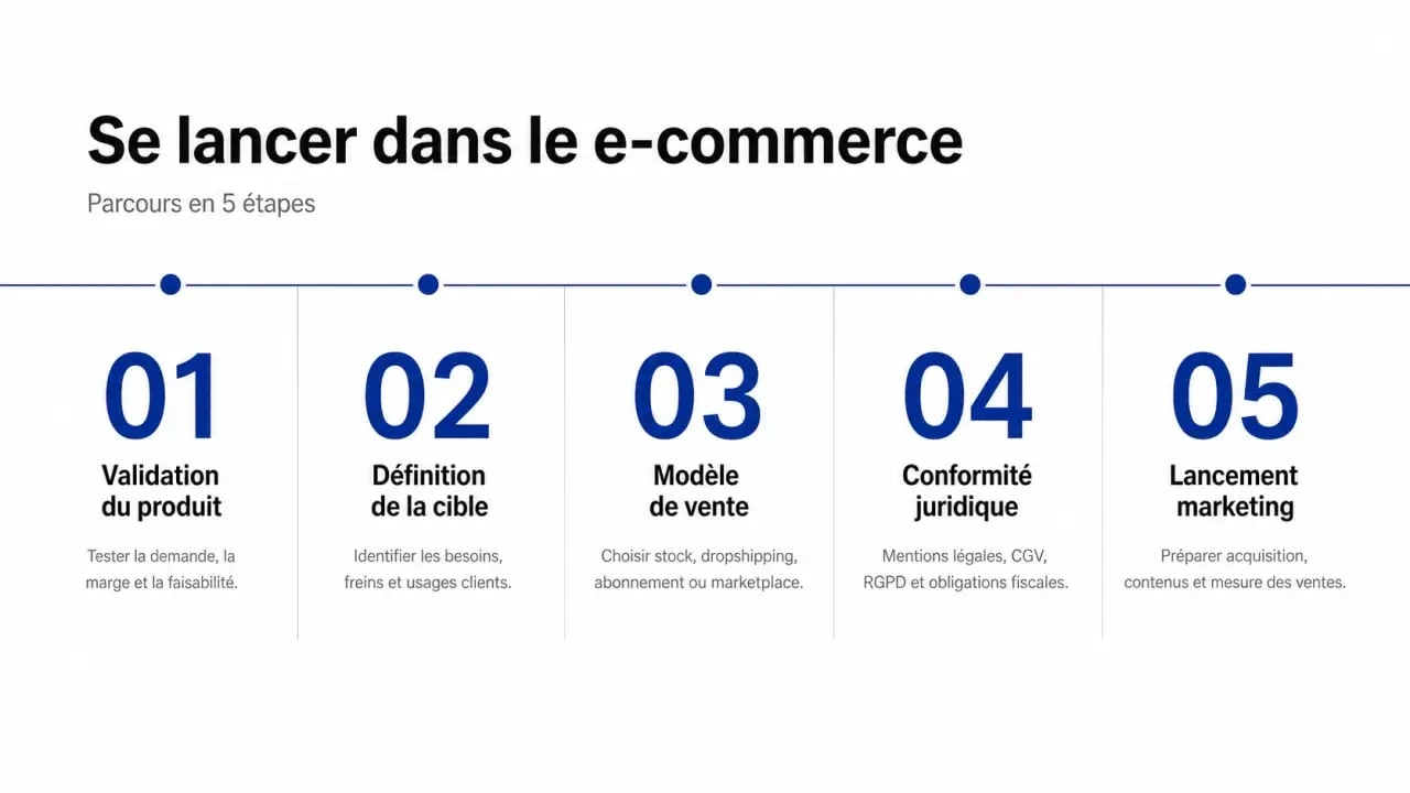 Se lancer dans le e commerce : parcours visuel en 5 étapes pour démarrer une boutique en ligne