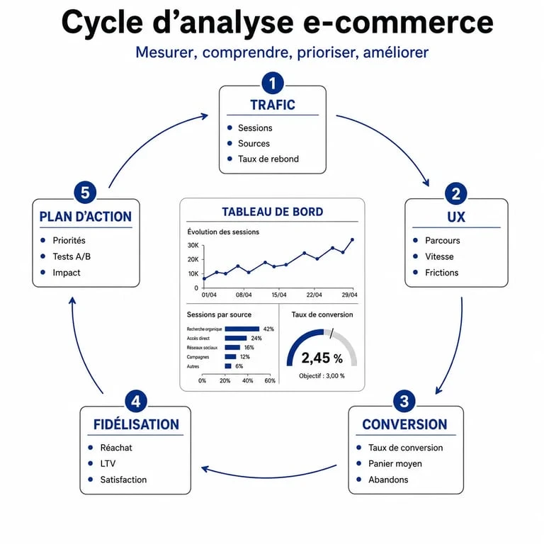 Analyse site e commerce : schéma du cycle trafic, UX, conversion, fidélisation et plan d’action