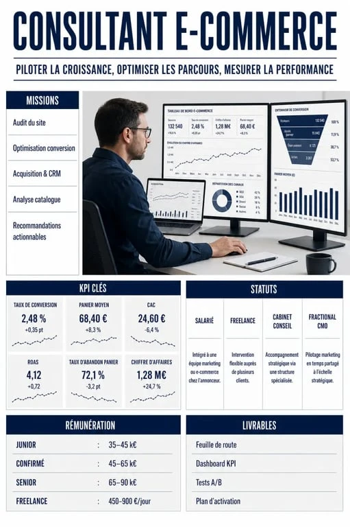 Consultant e commerce au travail devant des KPI et un tableau de bord, illustration éditoriale