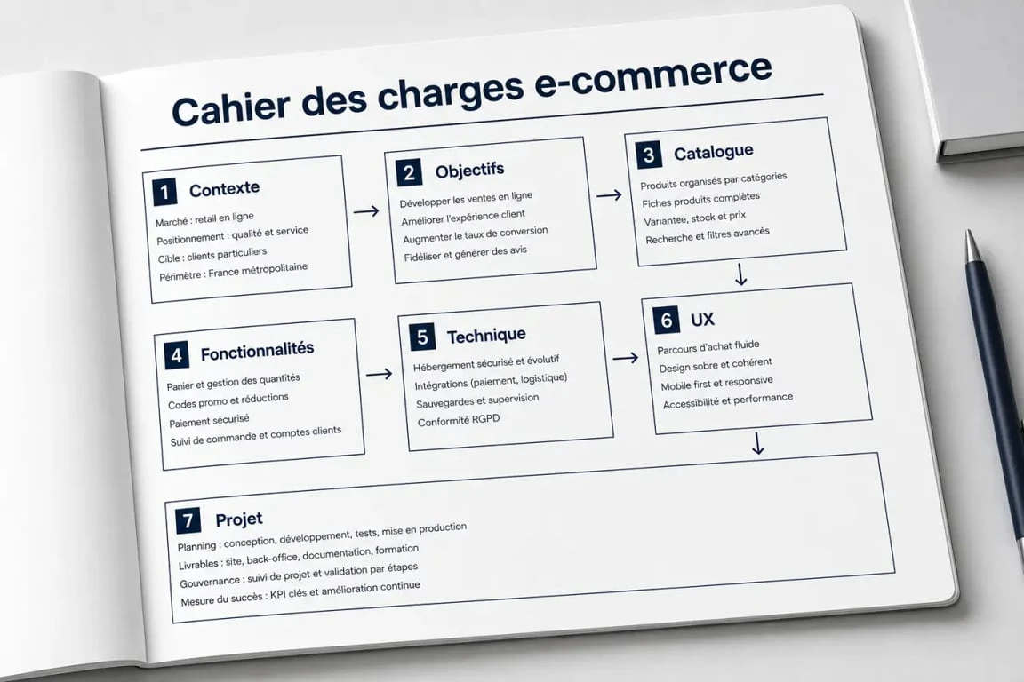 Cahier des charges pour site e commerce structuré en rubriques essentielles