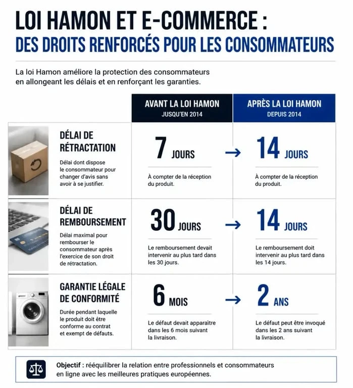 Infographie comparative des obligations de la loi Hamon pour le e-commerce : délais de rétractation, remboursement et garantie légale.