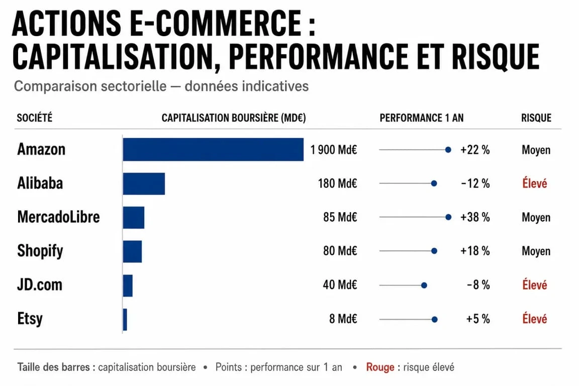 Infographie comparative des e commerce stocks avec capitalisation boursière et performance sur 1 an