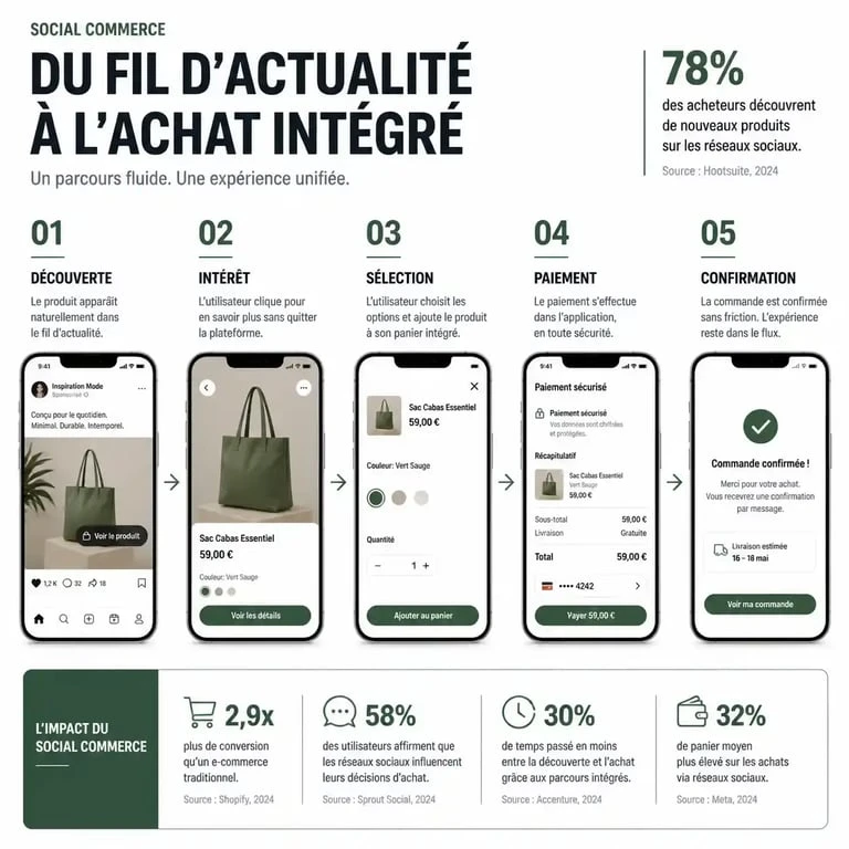 Schéma du parcours d'achat en social e commerce : de la découverte à la transaction