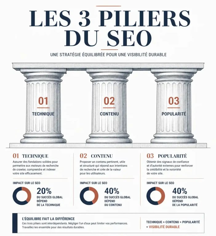 Infographie des 3 piliers du SEO pour optimiser sa stratégie de visibilité digitale