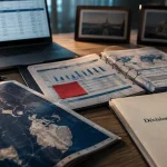 Conseil en stratégie : bureau avec carte de marché et scénarios