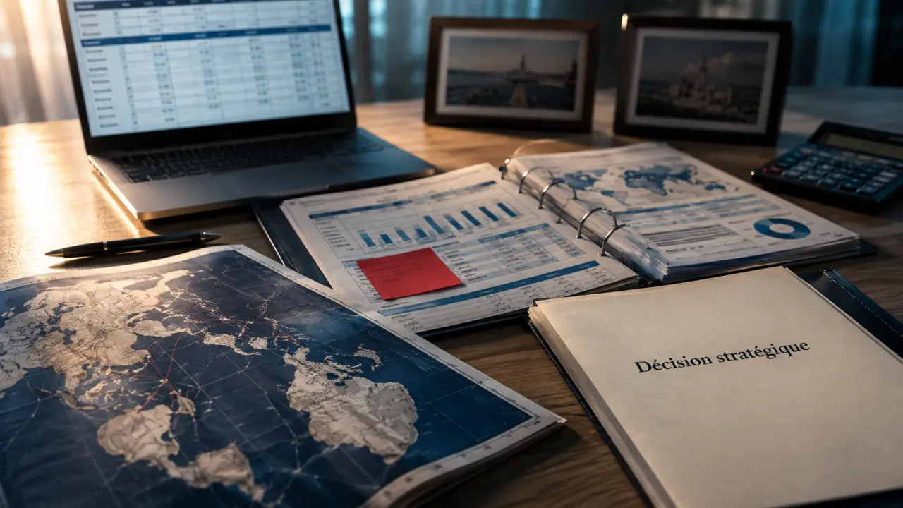Conseil en stratégie : bureau avec carte de marché et scénarios