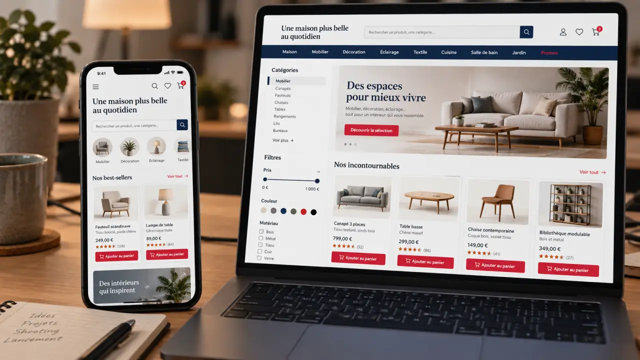 Design site e commerce : smartphone et ordinateur avec bouton Ajouter au panier