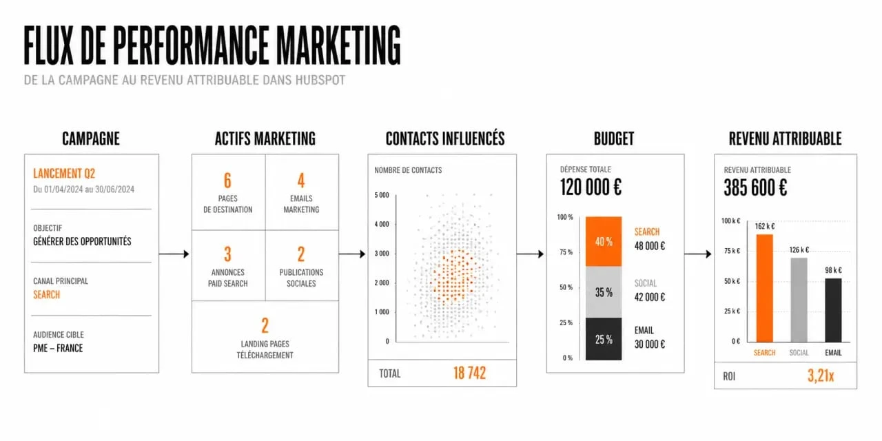 HubSpot gestion campagnes reportings entreprise : schéma du flux campagne vers actifs, contacts influencés et revenu