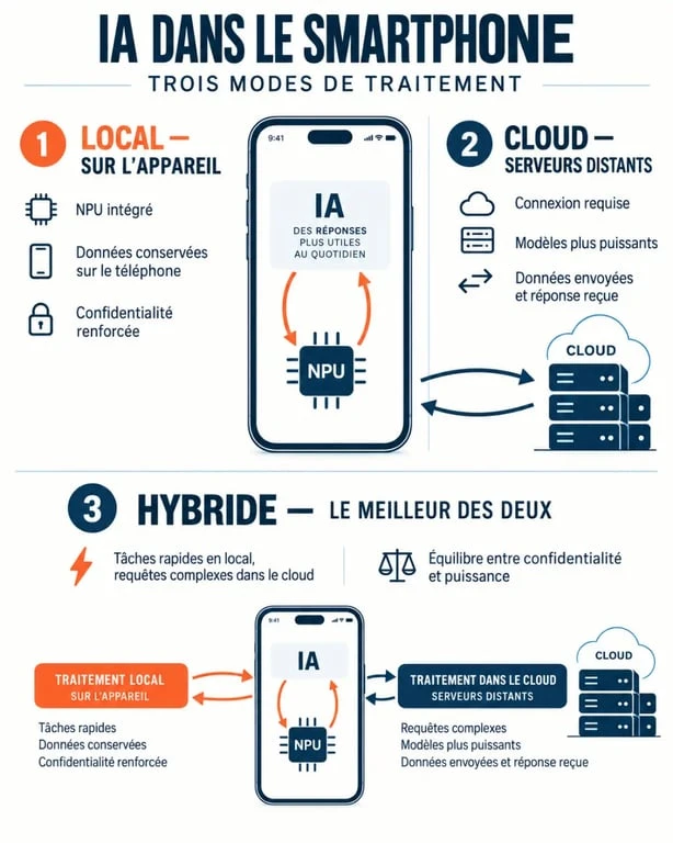 Infographie sur l’intelligence artificielle téléphone : fonctionnement local, cloud et hybride