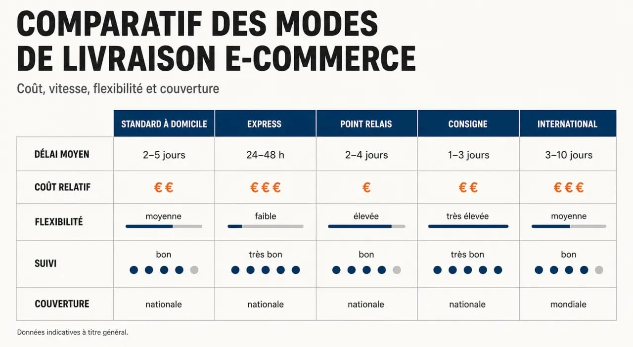 Comparatif des options de livraison e commerce entre domicile, point relais, express et international