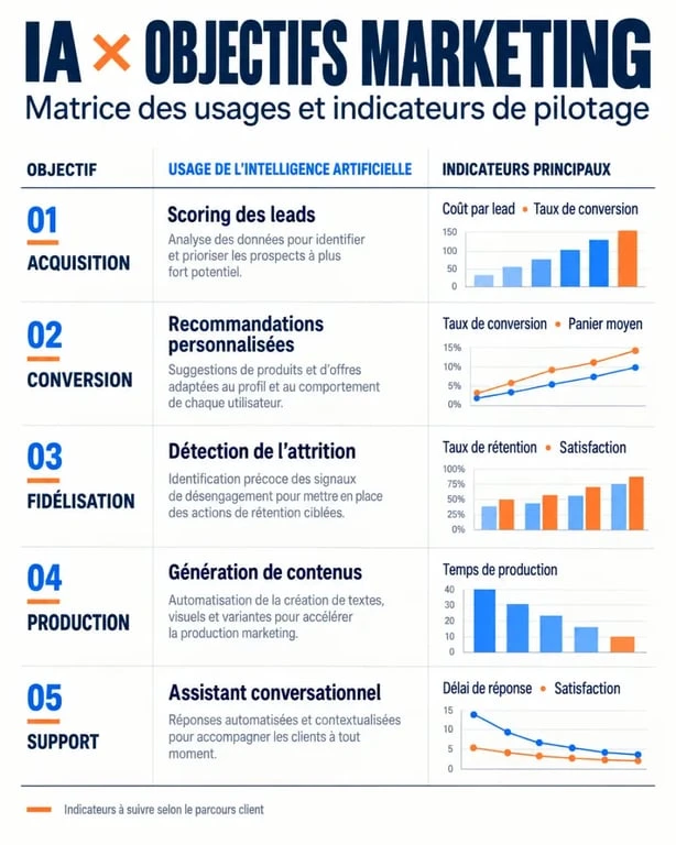 Stratégie marketing intelligence artificielle : matrice des cas d'usage et des KPI par objectif