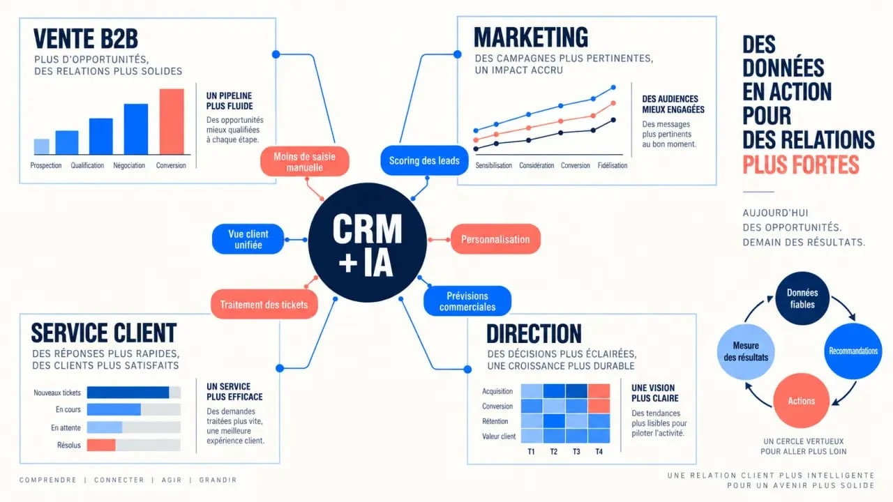 Infographie sur les avantages CRM avec intelligence artificielle pour les ventes, le marketing et le service client