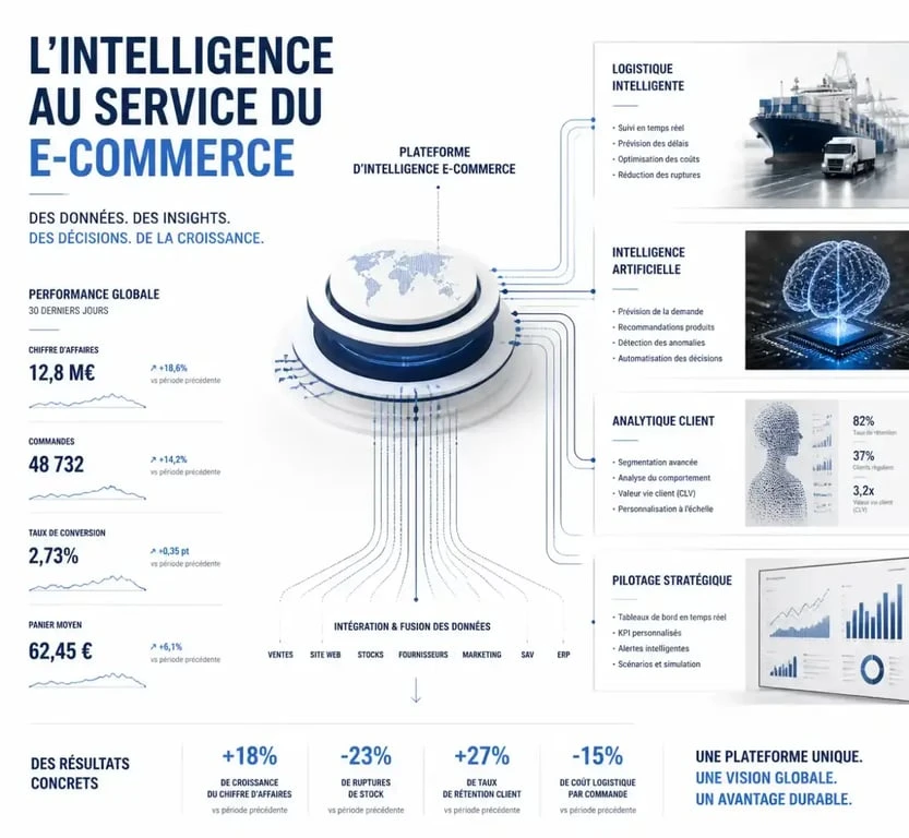 Illustration conceptuelle de la veille stratégique dans un magazine e-commerce pour décideurs
