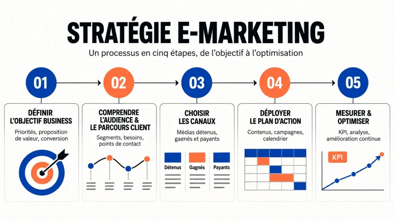 Processus en cinq étapes d’une stratégie e-marketing, de l’objectif business au pilotage des KPI