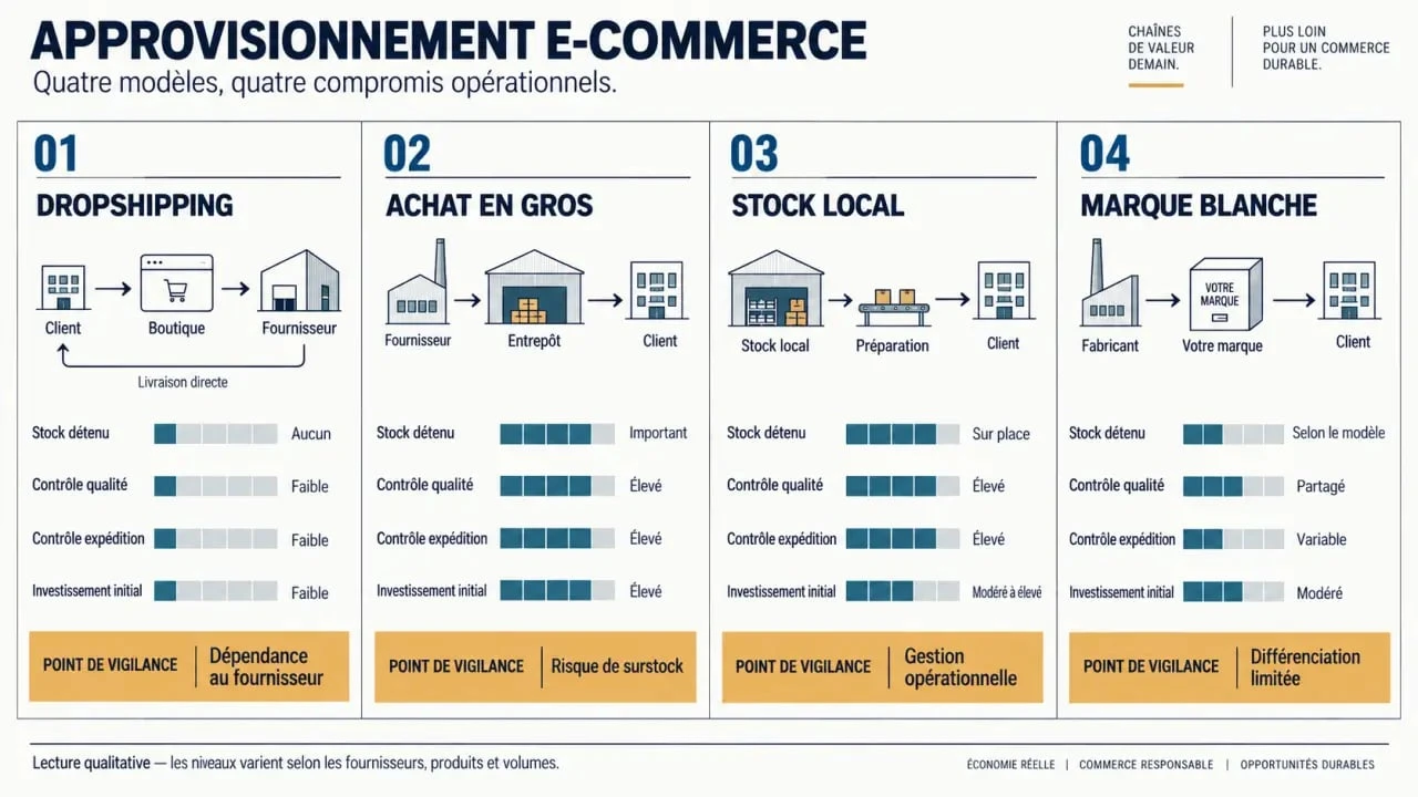 Fournisseur e commerce : comparaison visuelle du dropshipping, de l’achat en gros, du stock local et de la marque blanche