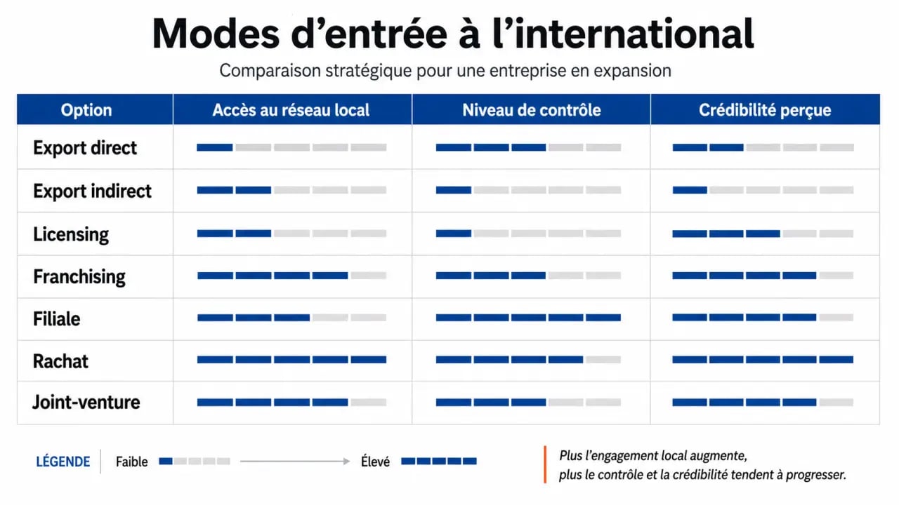Stratégies de networking international pour les entreprises en expansion : comparaison visuelle des modes d’entrée et de leur impact sur le réseau local