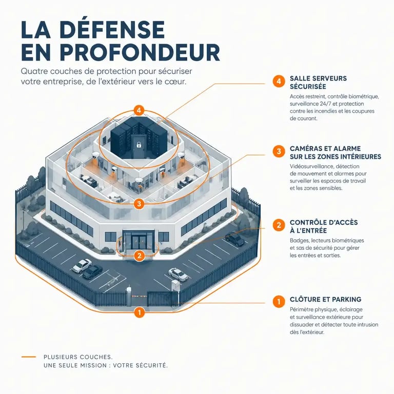 Schéma de la stratégie de défense en profondeur pour sécuriser les locaux de son entreprise