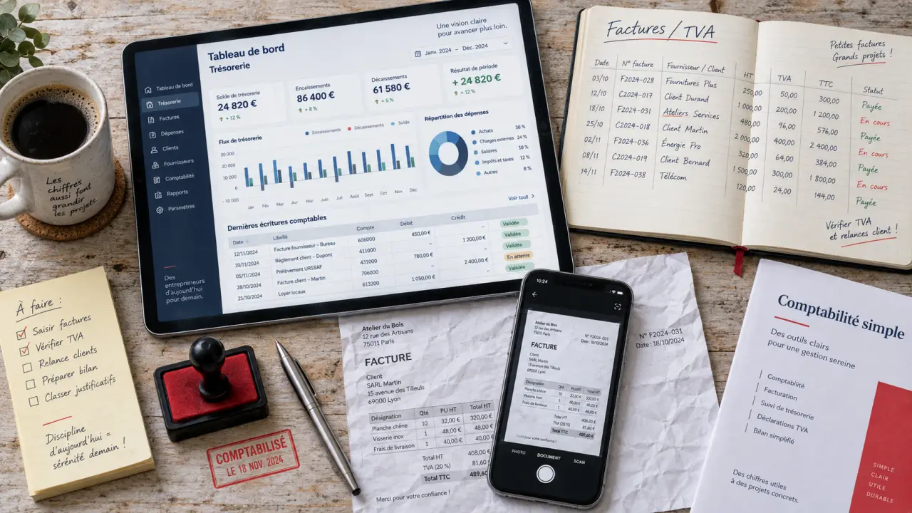 Logiciel comptabilité simple : tableau de bord trésorerie et factures scannées