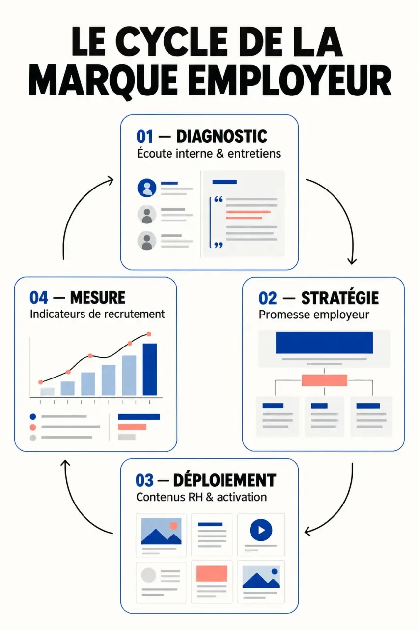 Infographie du cycle d’une formation marque employeur, du diagnostic à la mesure