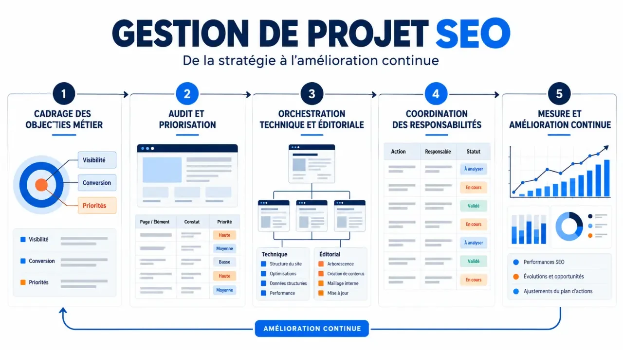 Gestion de projet SEO : illustration des cinq étapes du pilotage d’un projet de référencement naturel
