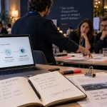 Formateur intelligence artificielle en atelier IA, schéma RGPD et workflow sur écran