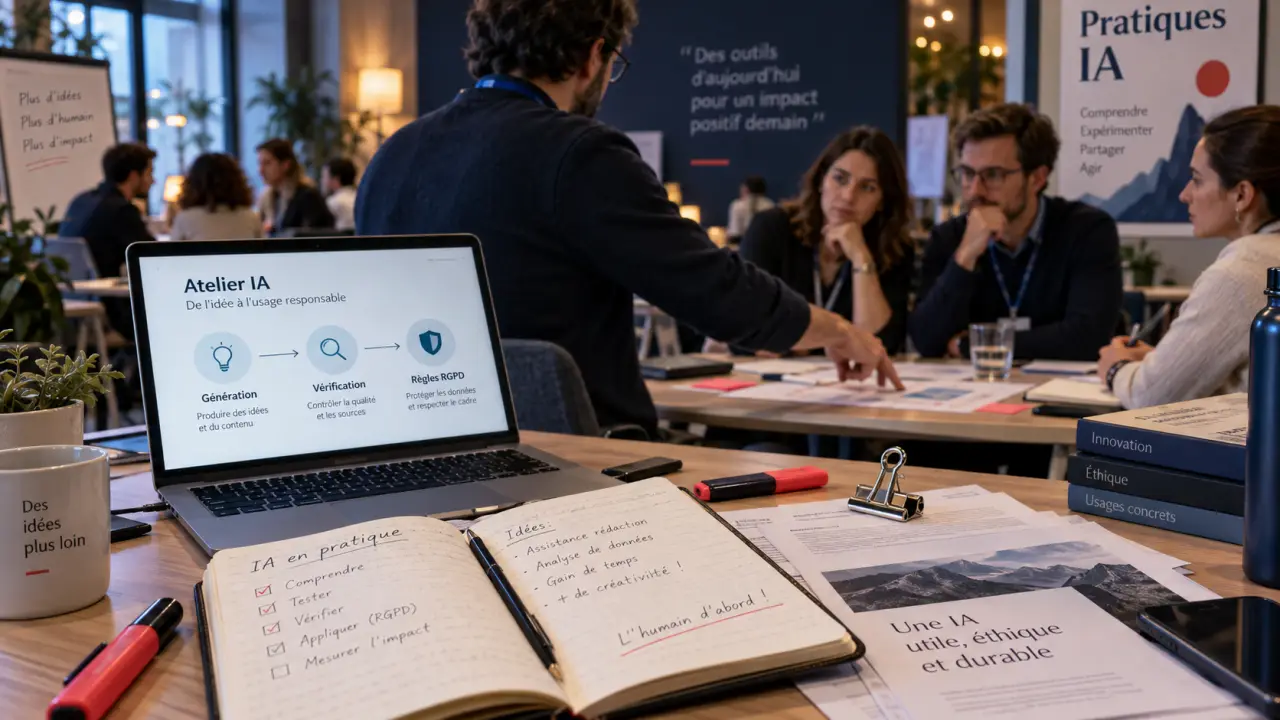 Formateur intelligence artificielle en atelier IA, schéma RGPD et workflow sur écran